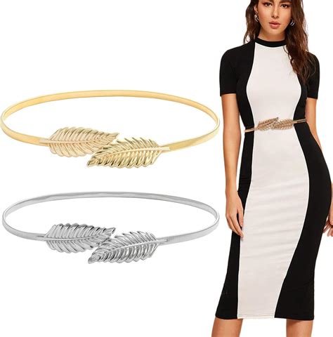 ROLMZJX 2 PCS Women Elastic Waist Belt, Stretch Metal Leaf Belts for ...