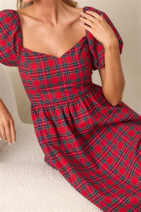 100% Cotton Red Plaid Puff Sleeve Midi Dress - All Dresses | Red Dress