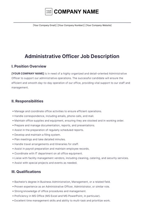 Free Administrative Officer Job Description Template to Edit Online