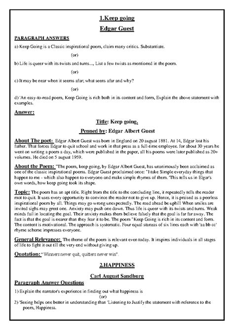 Keep Going: An Analysis of Edgar Guest's Inspirational Poem - Studocu