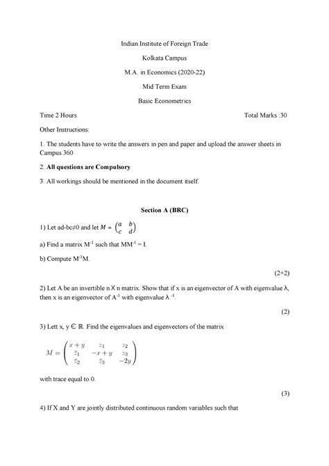 Basic Econometrics Mid Term 1 IIFT - Indian Institute of Foreign Trade ...