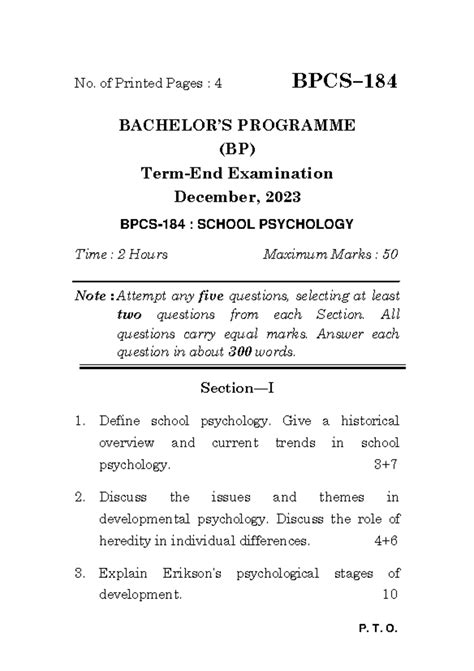 BPCS-184 - December 2023 question paper - P. T. O. No. of Printed Pages ...