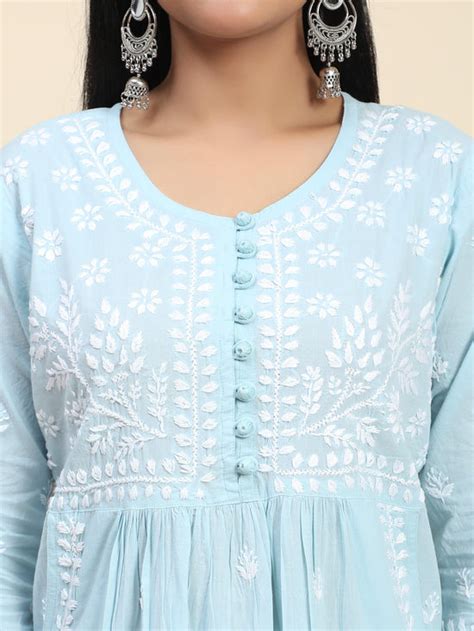 Chikankari Hand embroidery Round neck Dress with Pocket- Sky Blue ...