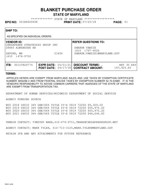 Fillable Online dgs state md PDF version of FMIS BPO. Blanket Purchase ...