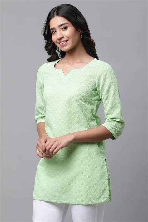 Buy Green Cotton Schiffli Floral Embroidered Short Kurti Online for ...