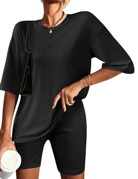 Ekouaer Womens Pajamas 2 Piece Lounge Sets Ribbed Knit Matching T-shirt Biker Shorts Outfits ...