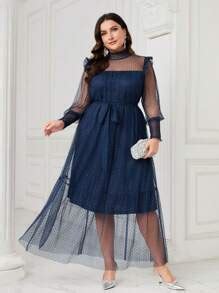 Modelyn Plus Ruffle Trim Belted Dobby Mesh Overlay Dress | SHEIN USA