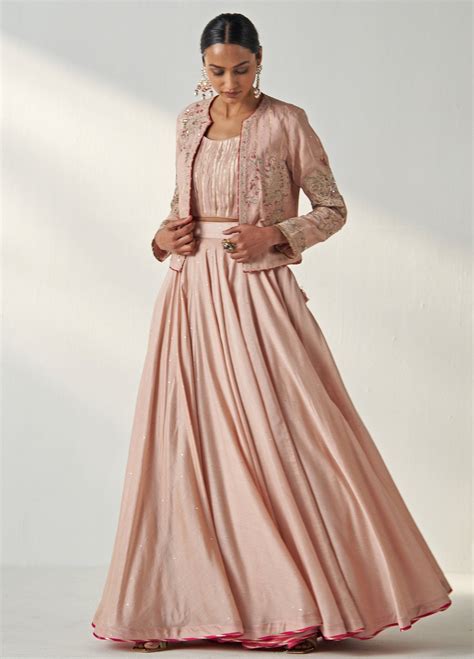 Blush Pink Embroidered Chanderi Lehenga Set With Jacket - Studio ...