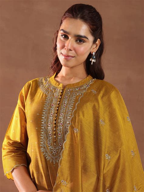 Buy Mustard Woven Design Chanderi Silk Straight Suit With Dupatta ...