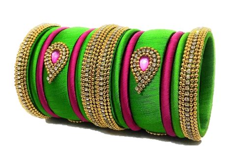 Buy Sai Green and Pink Colour Handmade Silk Thread Bangle Set for Women ...