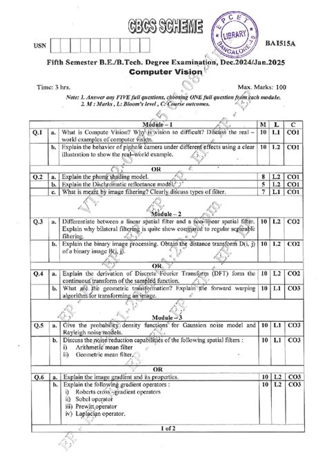 BAI515A Fifth Semester Exam: Computer Vision Questions & Guidelines ...