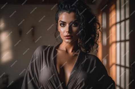 Сексуальная европейская горячая женщина-модель в открытом коротком халате, демонстрирующая ...