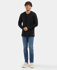 Buy Super Combed Cotton Rich Solid Full Sleeve Henley T-Shirt - Black ...