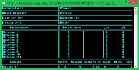Cricket Score Card - C Project CSMS