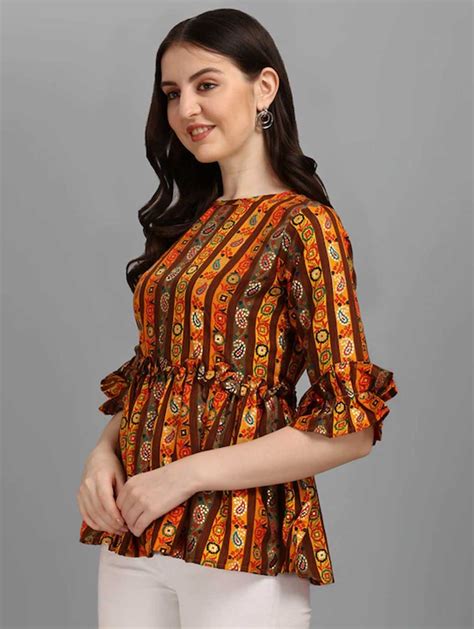 Yellow & Brown Printed Waist Top