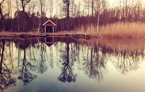 Wallpaper trees, lake, reflection, boats, trees, lake, reflection ...
