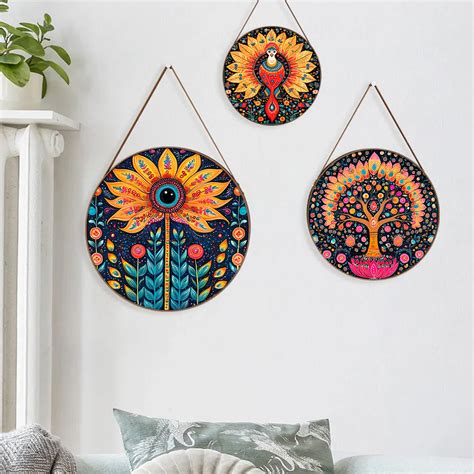 Traditional Madhubani Art Round Framed Canvas Wall Paintings - Set of ...