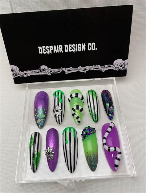 Beetlejuice Press-on Nails: Luxury Goth Halloween Acrylic Nails - Etsy