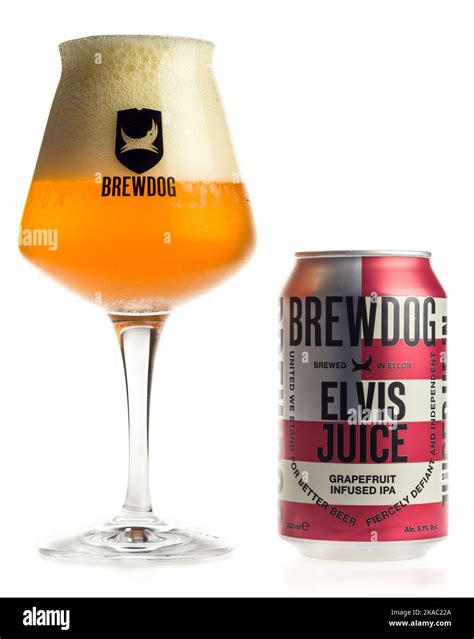 Can and glass of Brewdog Elvis Juice beer isolated on a white ...