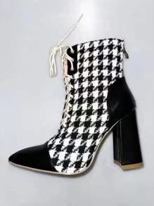 Houndstooth Pattern Lace-up Front Point Toe Chunky Heeled Classic Boots ...