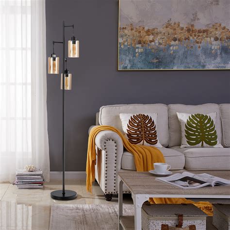 Freestanding Floor Lamp With 3 Head Hanging Amber Glass Shade - Kuiwee.com