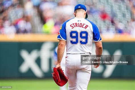 Spencer Strider of the Atlanta Braves stands on the mound during the ...