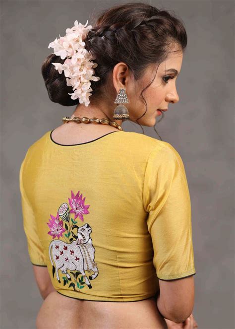 Classy Yellow Chanderi Blouse with Beautiful Cow Embroidered Motif on ...
