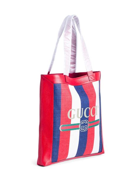 Gucci Logo Striped Leather Canvas Tote Bag Red White Blue