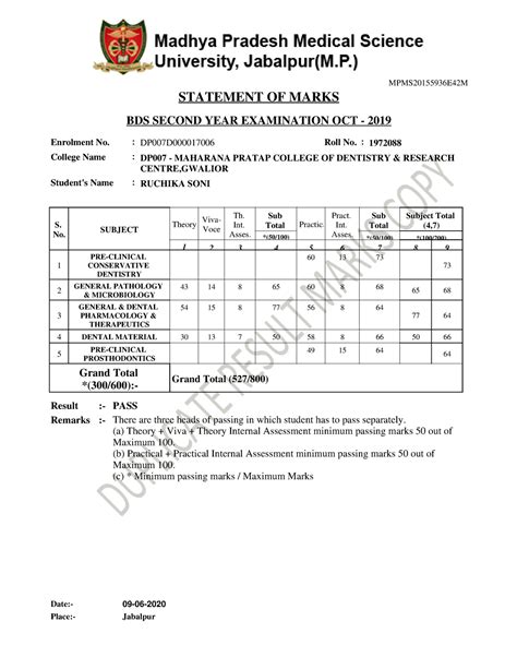 Mpmsu BDS2ND Marksheet Student (13) - MPMS20155936E42M STATEMENT OF ...