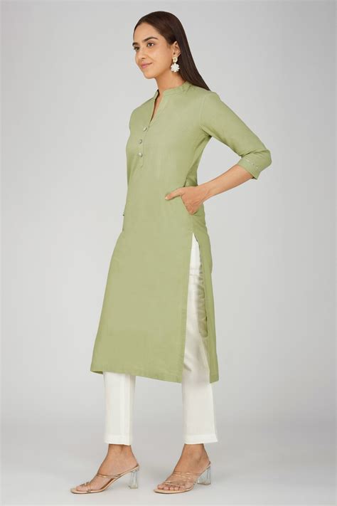 Women's khadi long Kurti Sage Green - Khadi Sadan