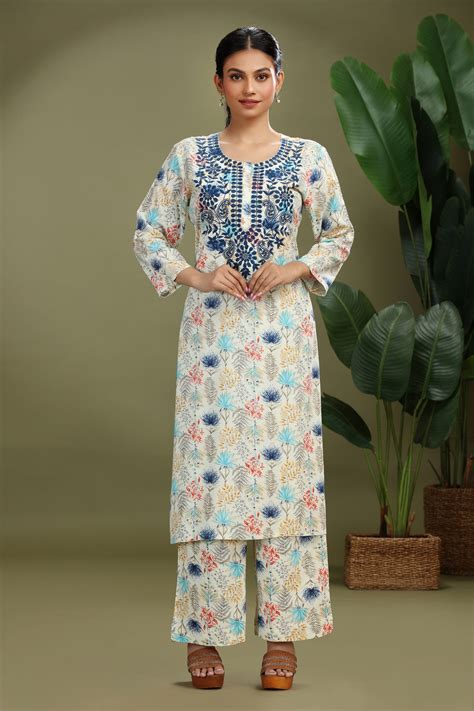 Off White Roman Silk Embroidered Straight Kurta Pant Co ord Set ...
