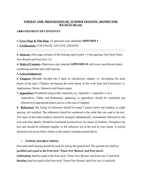 Report Format - FORMAT FOR PREPARATION OF SUMMER TRAINING REPORT FOR B ...
