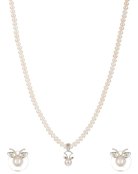Buy Mangatrai Pearls White Silver Plated Strand Necklace Set for Women ...