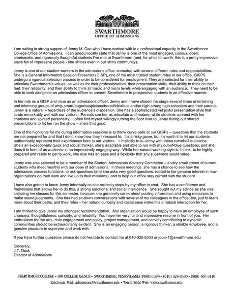 Recommendation from Swarthmore Director of Admissions | PDF