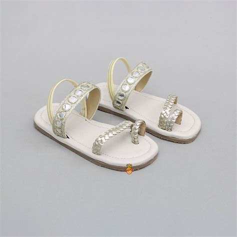 Faux Mirror Work With Braided Toe Ring Beige Base Kolhapuri Flats
