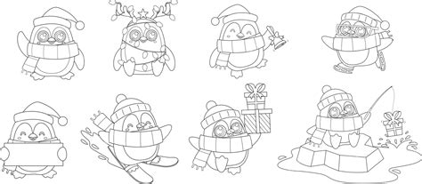 Outlined cute christmas penguin cartoon character in different poses ...