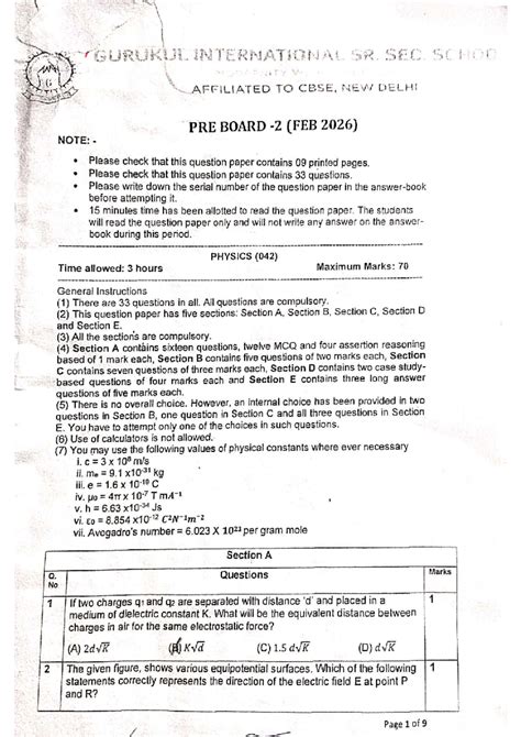 Pre Board Physics (042) Question Paper - GURUKUL SCHOOL, Feb 2026 - Studocu
