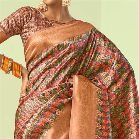 Peach Digital Printed Art Silk Saree With Tassels