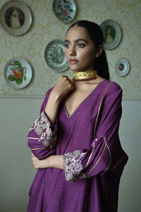 Taj kaftan in Purple Raw Silk with embroidered cuff with Purple Pant ...