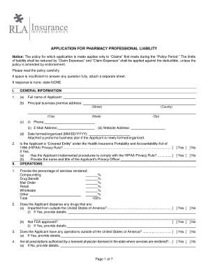 Fillable Online Pharmacy Professional Liability Application - RLA ...