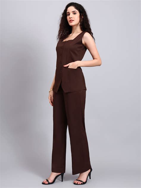 Women Stretch Brown Sleeveless Co-Ord Set