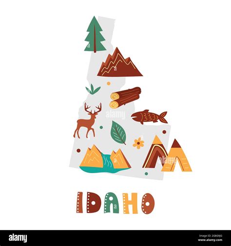 USA map collection. State symbols and nature on gray state silhouette ...