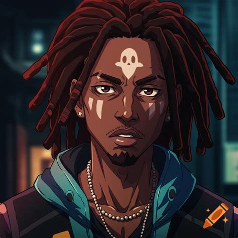 Anime portrait of a Black male with dreadlocks and a ghost symbol on ...