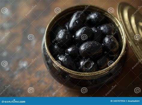 Open Canned Black Olives in Brine, Dark Glistening Olives, Top-Down ...