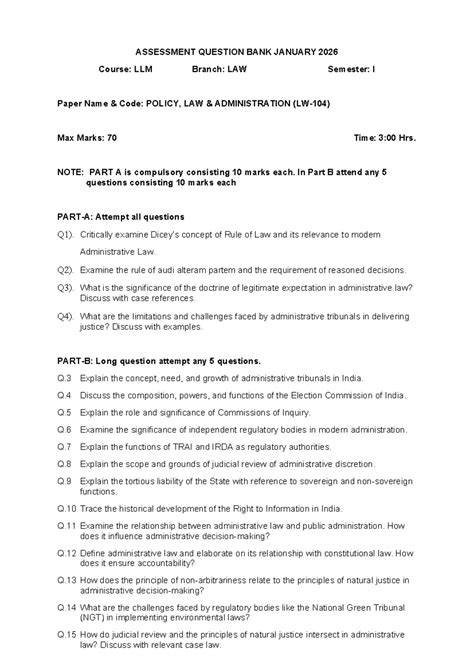 LLM I Semester Assessment Question Bank - Policy, Law & Administration ...
