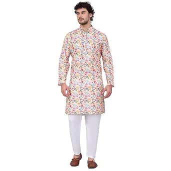Buy KRAFT INDIA Men's Linen Straight Floral Printed Beige Kurta, Size ...