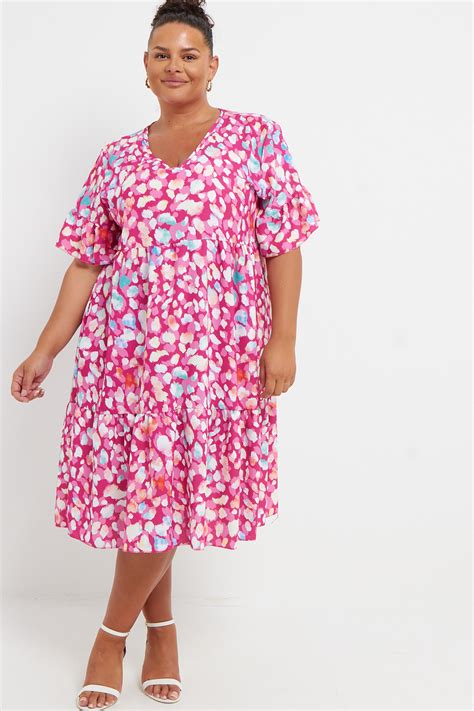 Plus Size Pink Multi Print Short Sleeve Frill Detail Mini Dress With ...
