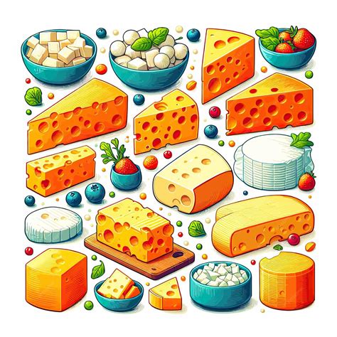 Premium Vector | A cartoon drawing of different types of cheeses and fruits