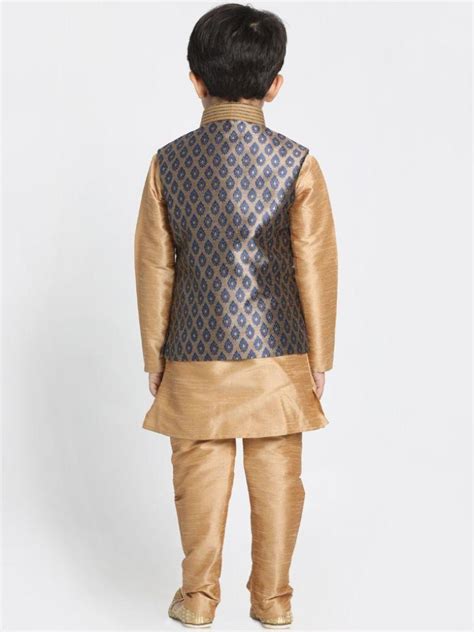 VASTRAMAY Boys' Gold Cotton Silk Blend Kurta, Waistcoat and Pyjama Set ...