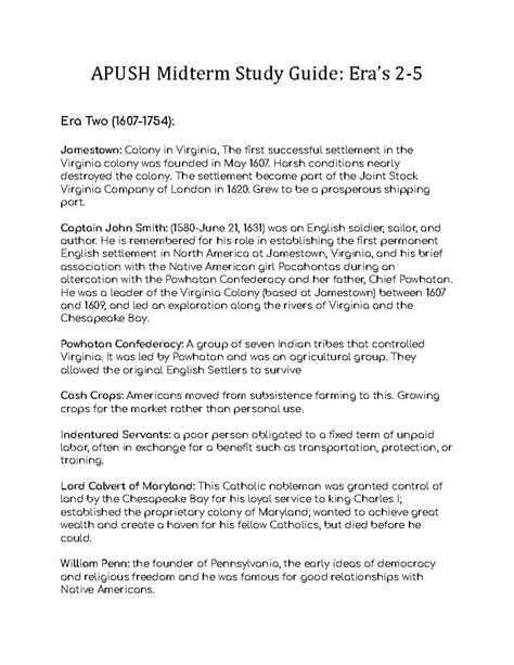 Apush Midterm - definitions - APUSH Midterm Study Guide: Era’s 2- Era ...